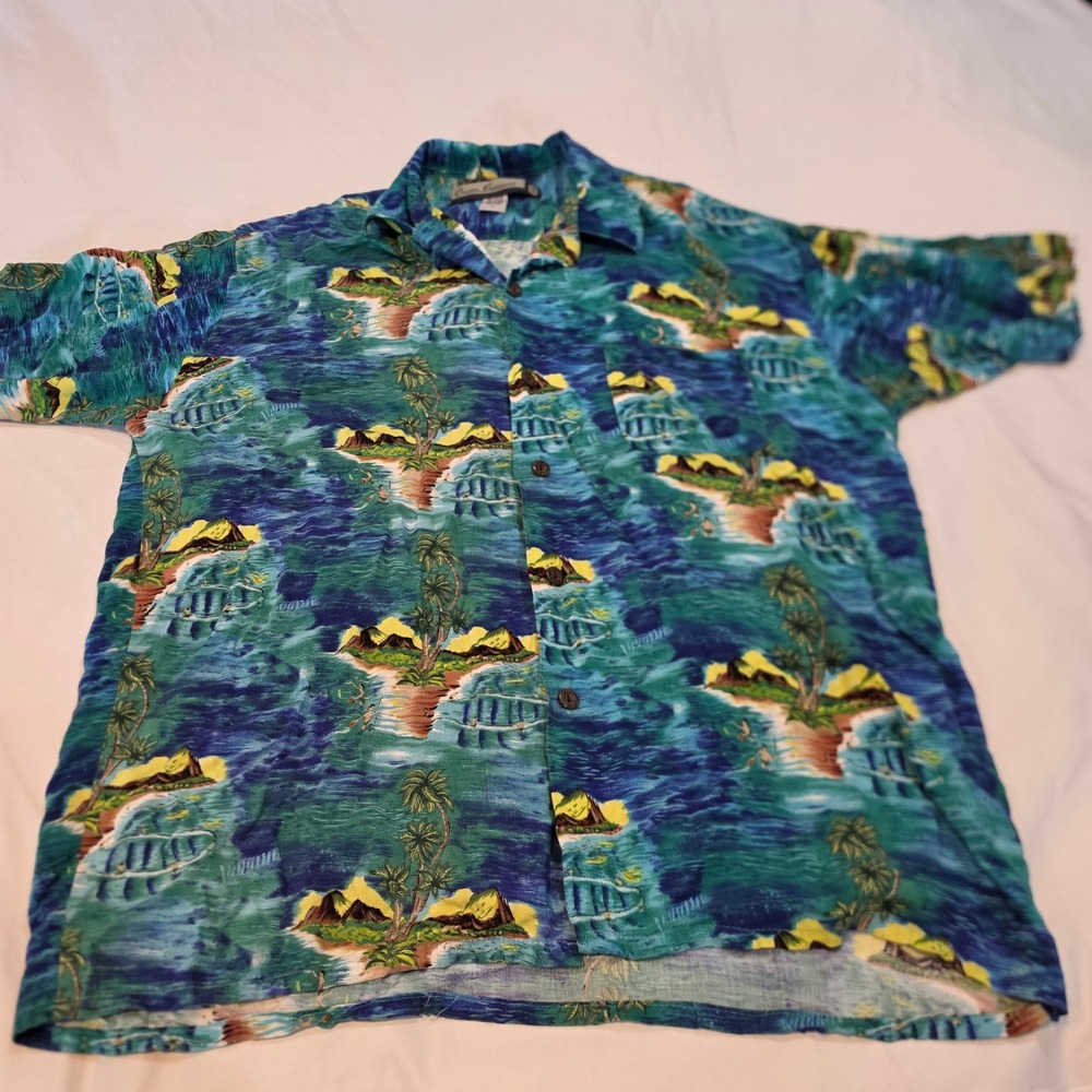 Ocean Current Hawaiian Shirt Mens L Blue Tropical Island Print Rayon Excellent